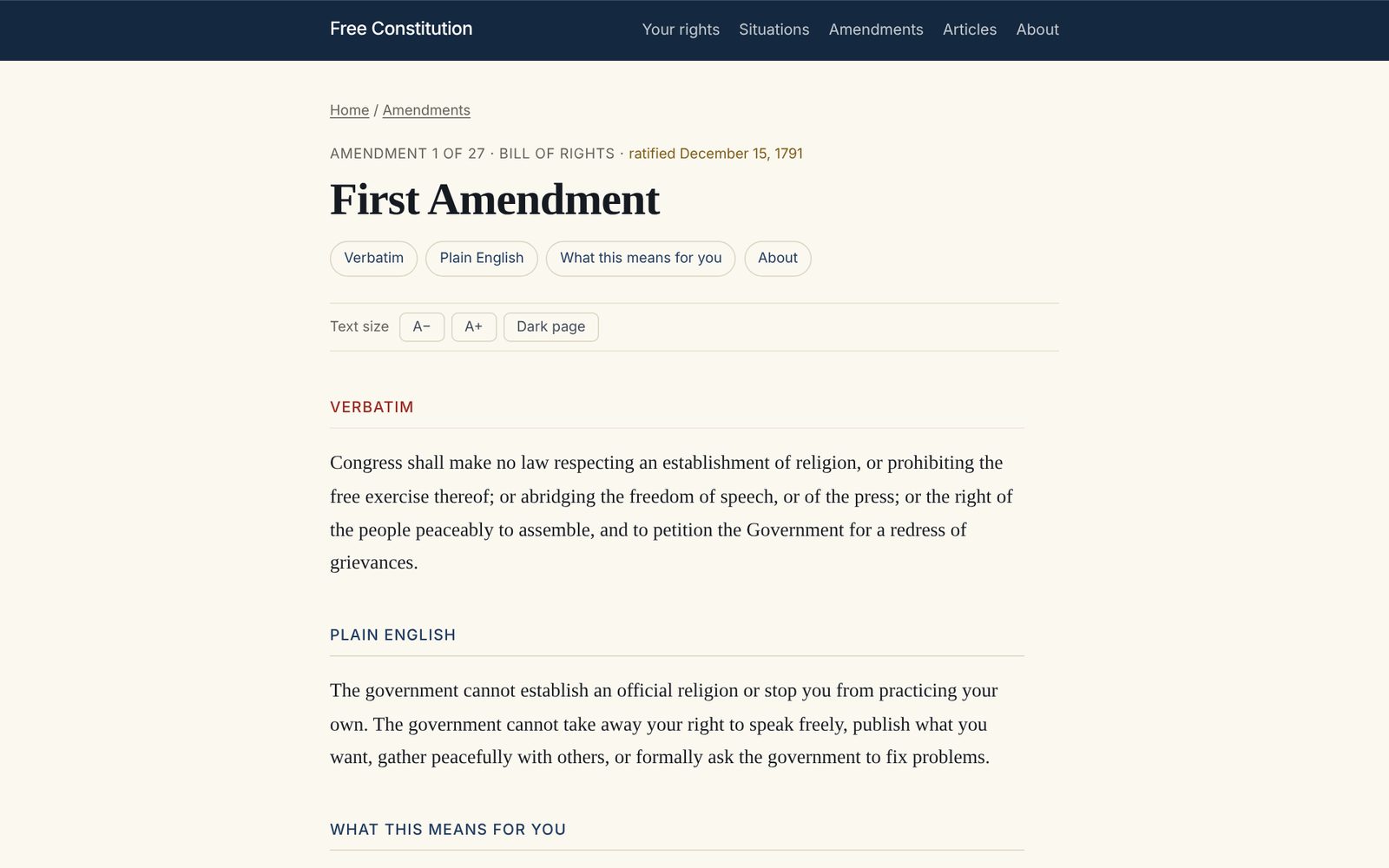 The First Amendment, with a plain-English version beside it