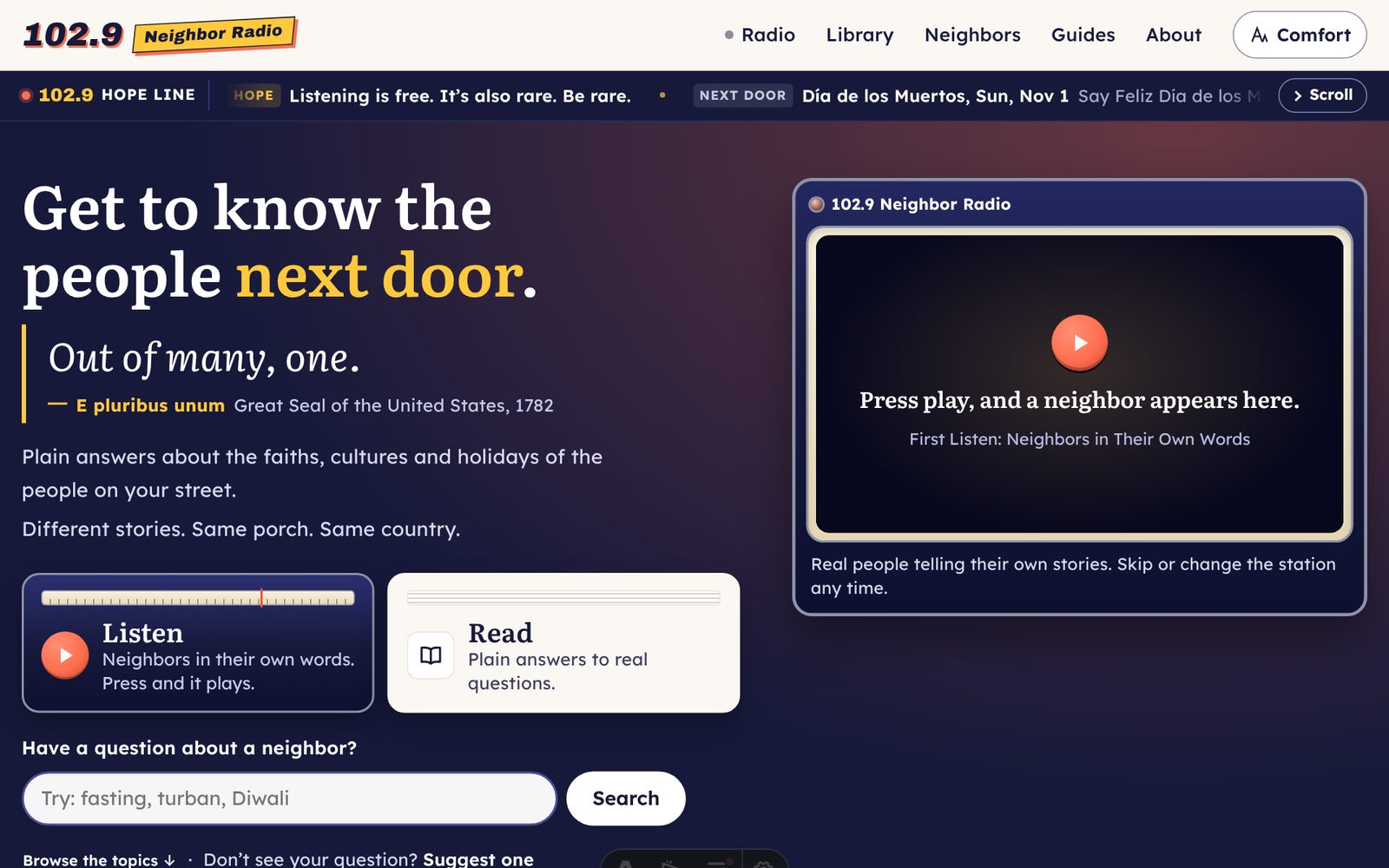 Neighbor Radio home page: Get to know the people next door, with Listen and Read